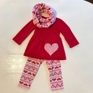 Toddler girl’s Vatentine’s Day top, pants & scarf.